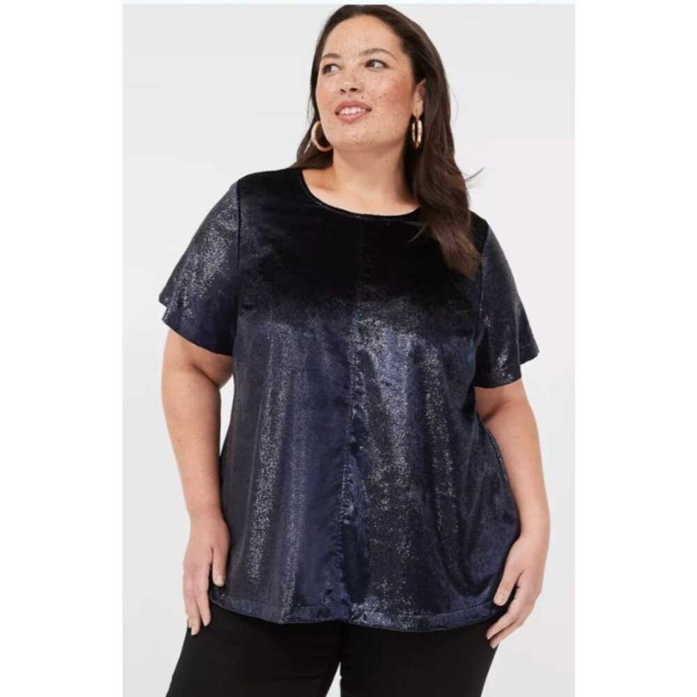 Lane Bryant Womens Shimmering Navy Blue Short Sleeve Blouse Size 18 velvet plus